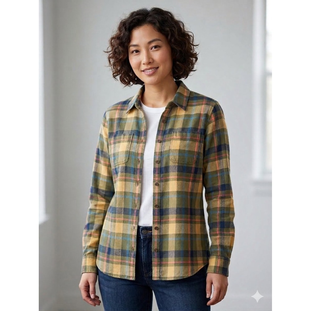 LL Bean Womens Plaid Flannel Shirt Green Yellow Cotton Button Down Gorpcore M